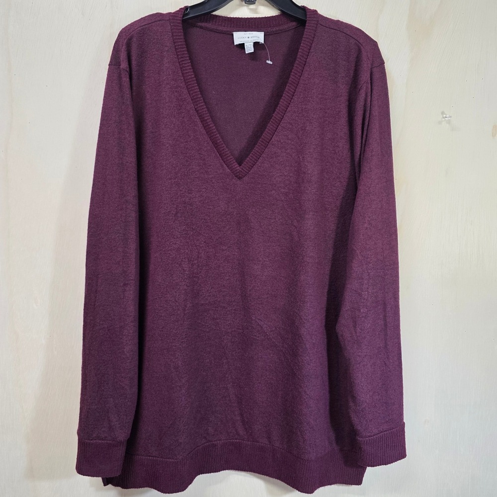 Lucky Brand Womens Burgundy V-Neck Pullover Sweater Relaxed Fit XL Heathered
